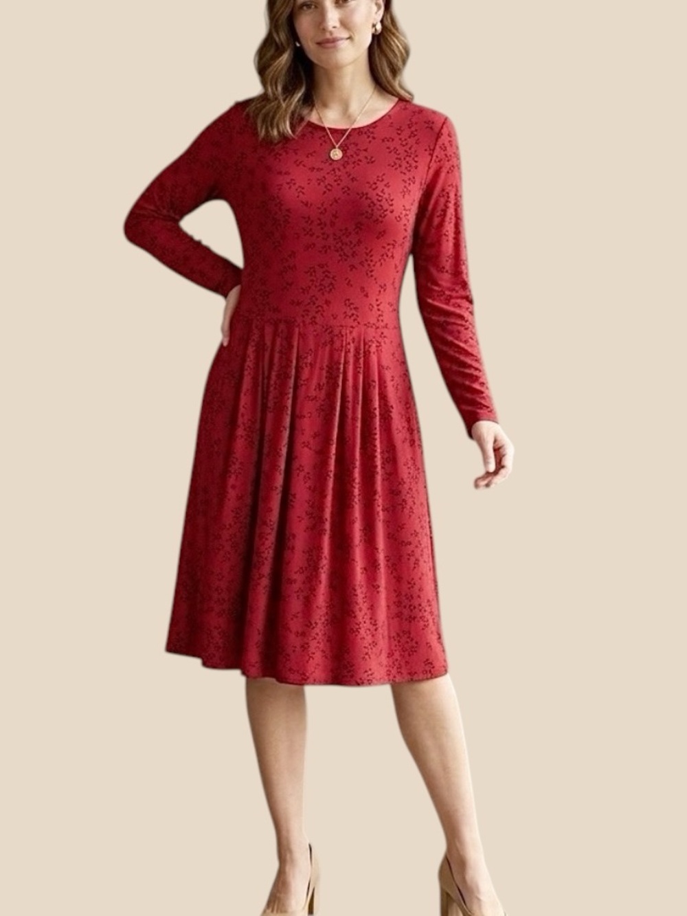 J.Jill Wearever Collection Women’s M Red Floral Pleated Long Sleeve Knit Dress